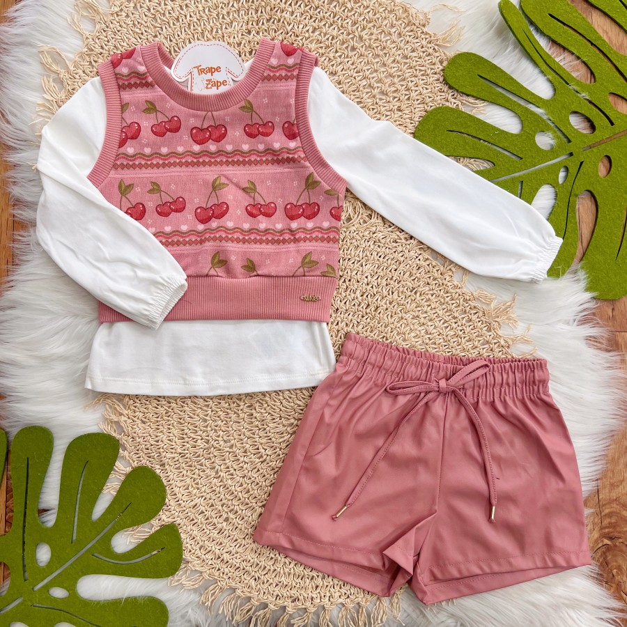 Conj. Colete Cerejinhas, Blusa Manga Longa e Short - Rose